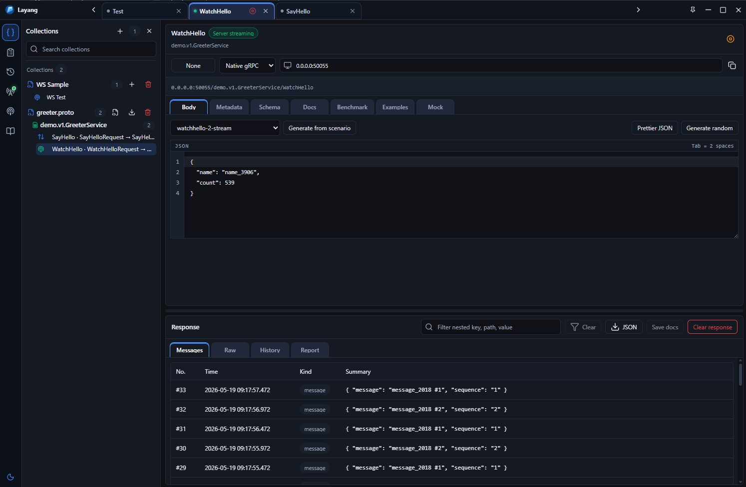 Layang desktop app screenshot showing the protobuf and request workbench