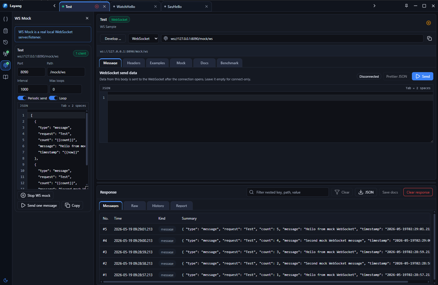 Layang WebSocket beta screenshot showing request and live event workflow
